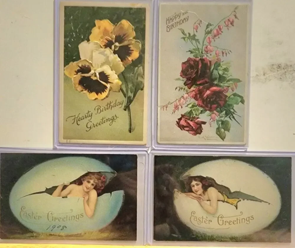 Lot Of Four Vintage Antique Embossed Postcards Flowers Birthday Easter